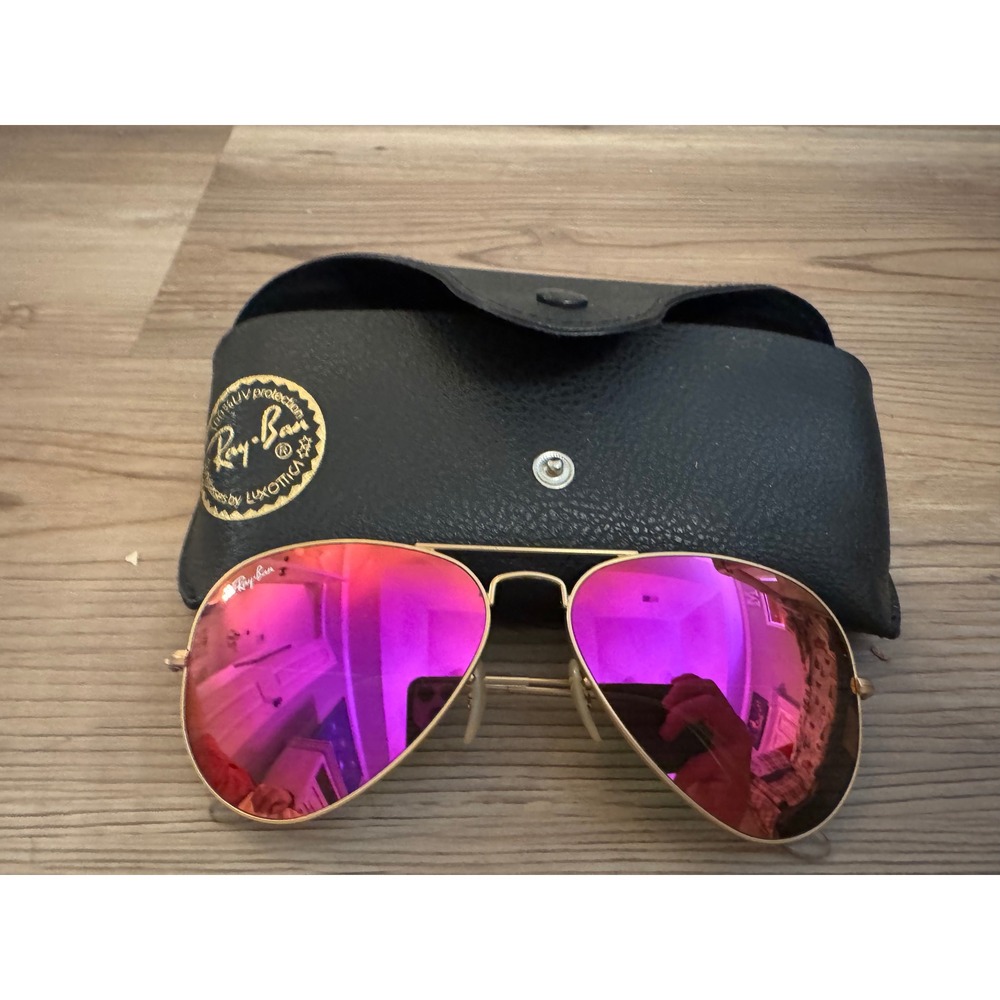 Ray-Ban Aviator Sunglasses Gold Pink Mirrored Lenses Pilot Classic with Case